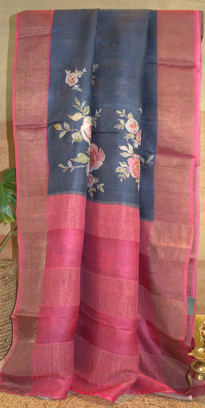 Pure Tussar silk Blue saree with Zari border