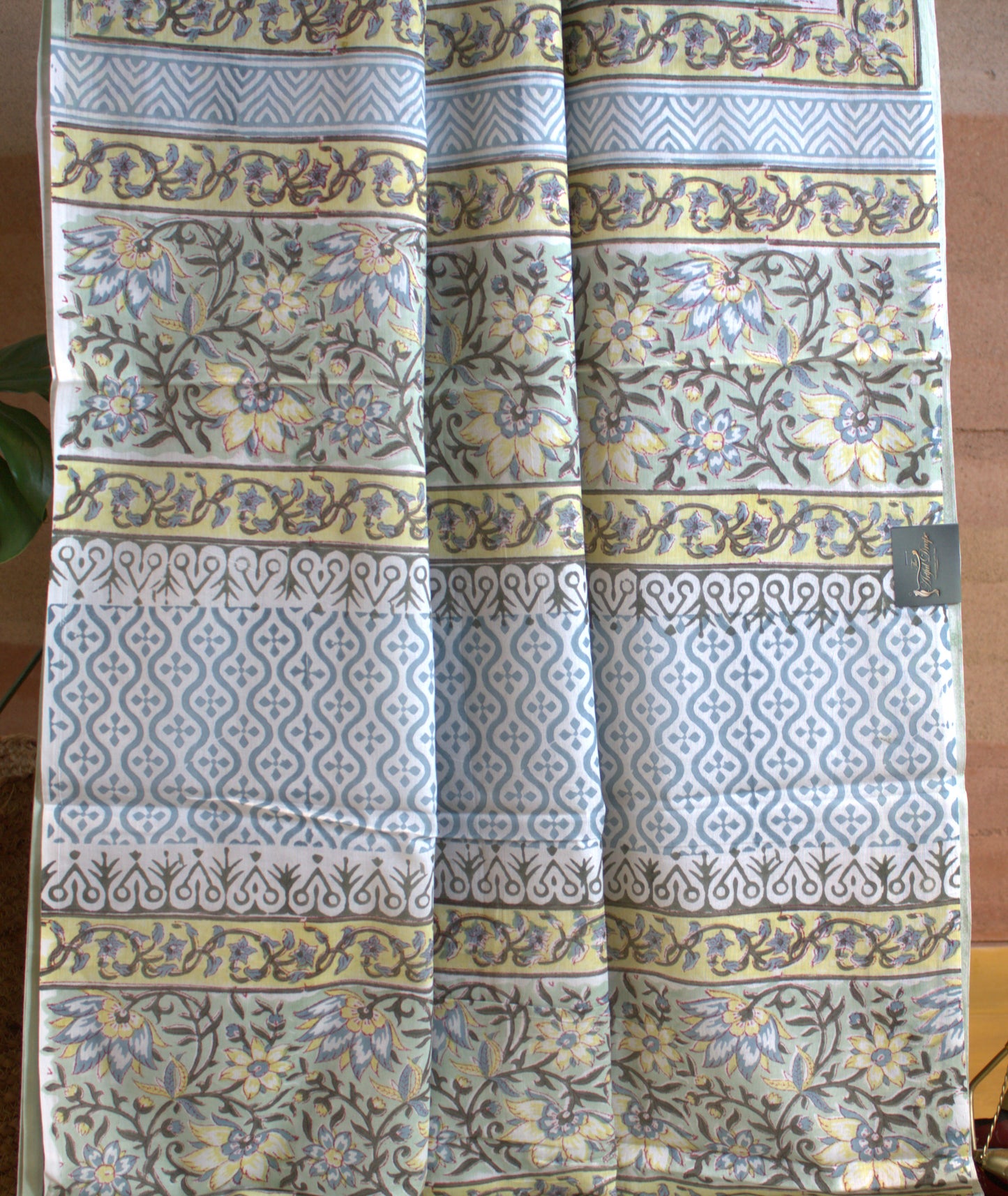 Cotton Pista green floral Saree Hand printed