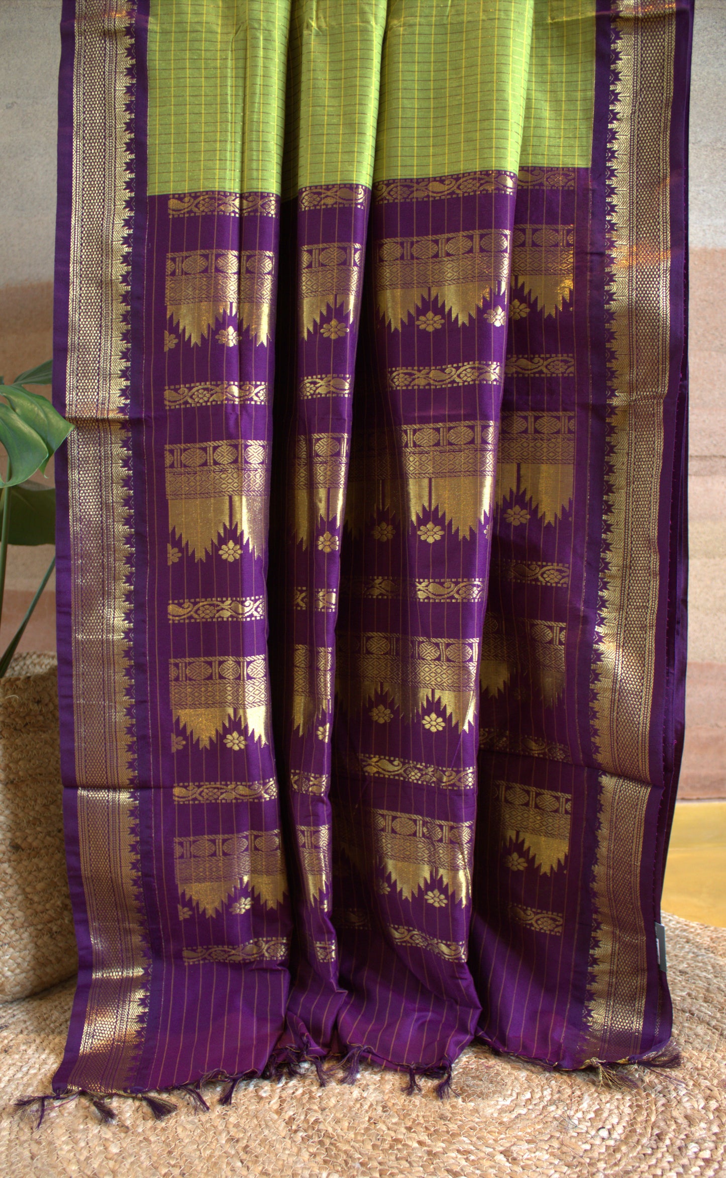 Kalyani cotton Green saree with Purple zari pallu and contrast purple blouse