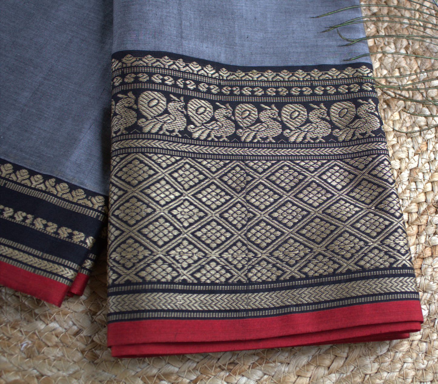 Narayanpet cotton Grey saree with big peacock border and running blouse