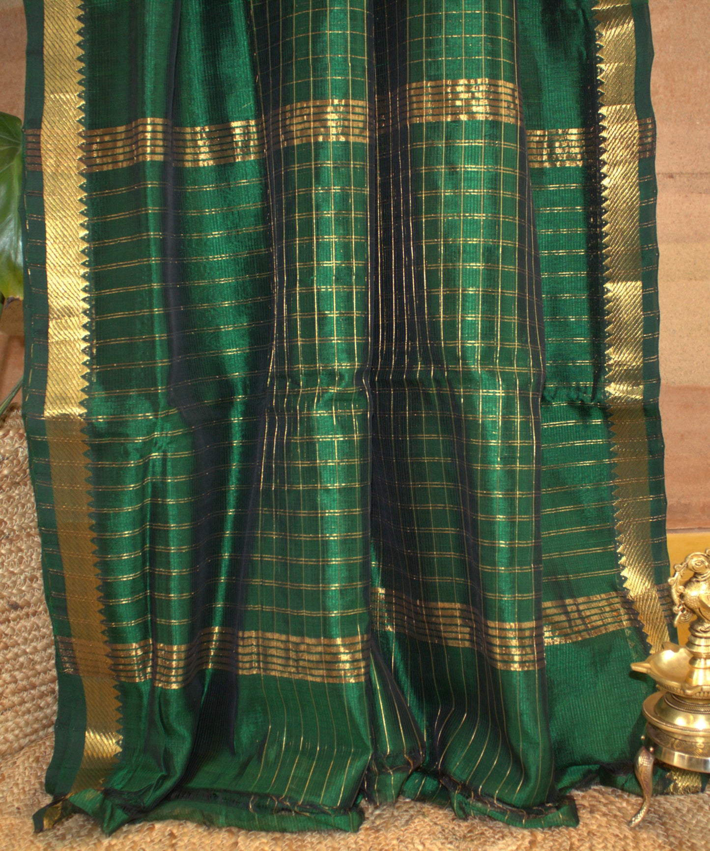 Mangalgiri Green checks silk cotton saree with golden zari and running blouse