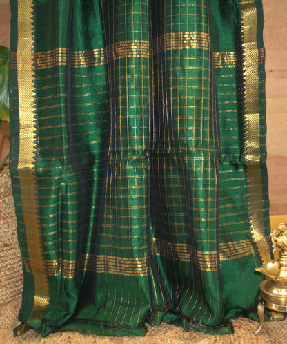 Mangalgiri Green checks silk cotton saree with golden zari and running blouse
