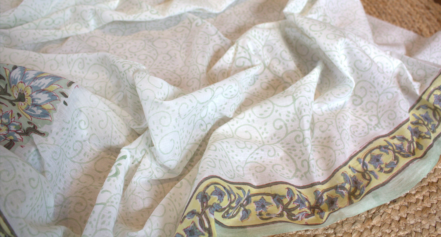 Cotton Pista green floral Saree Hand printed