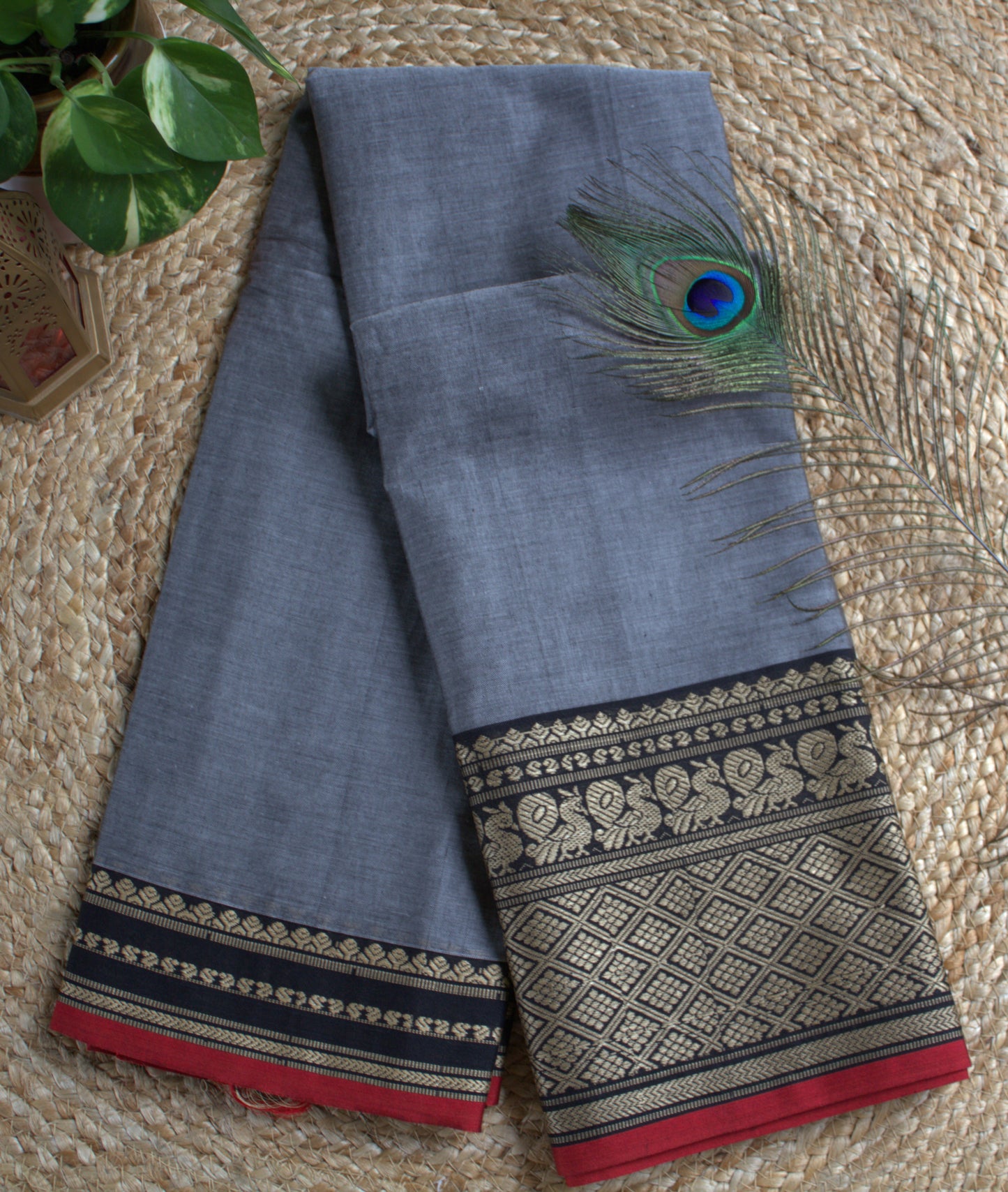 Narayanpet cotton Grey saree with big peacock border and running blouse