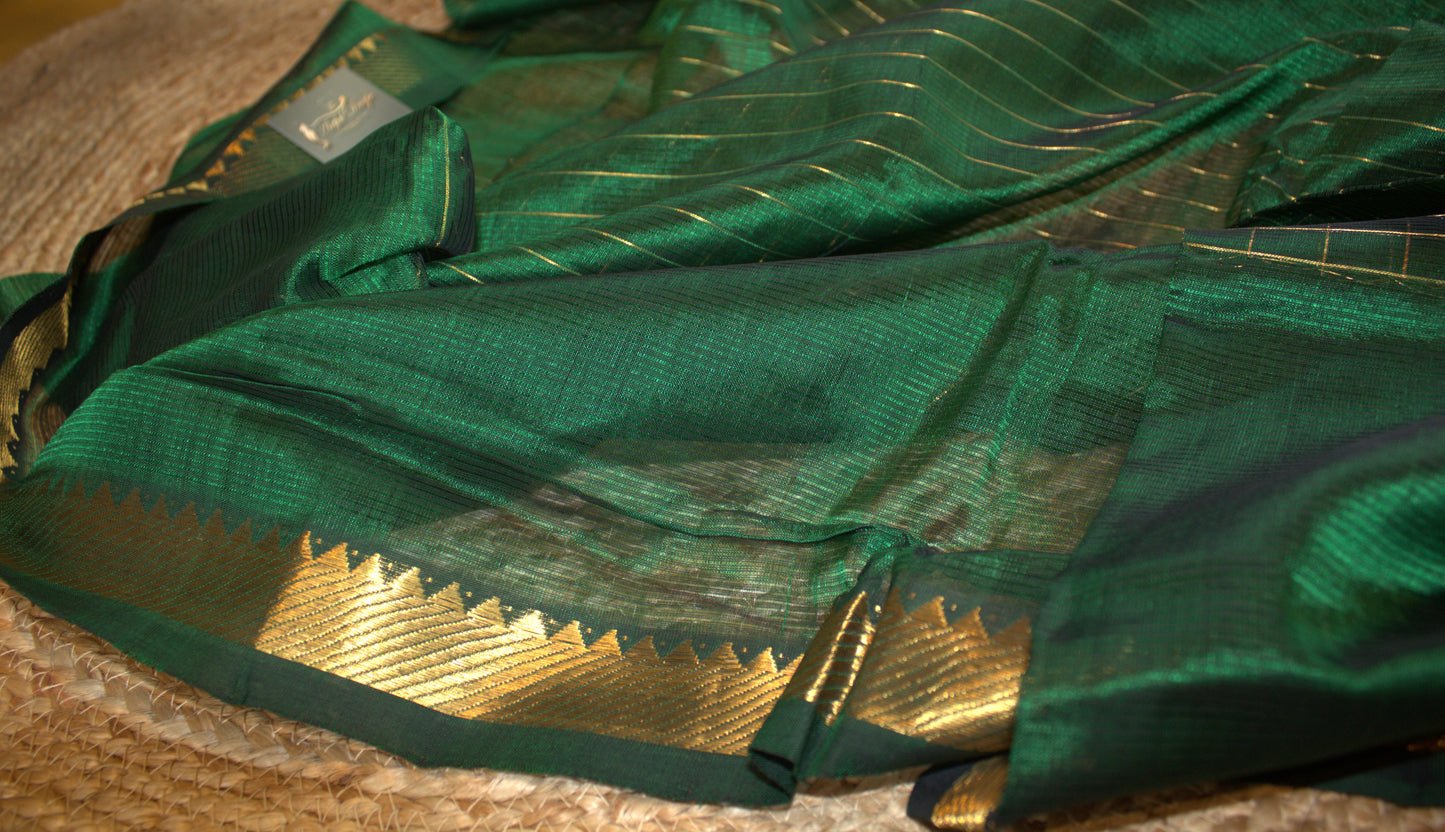 Mangalgiri Green checks silk cotton saree with golden zari and running blouse