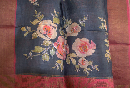 Pure Tussar silk Blue saree with Zari border