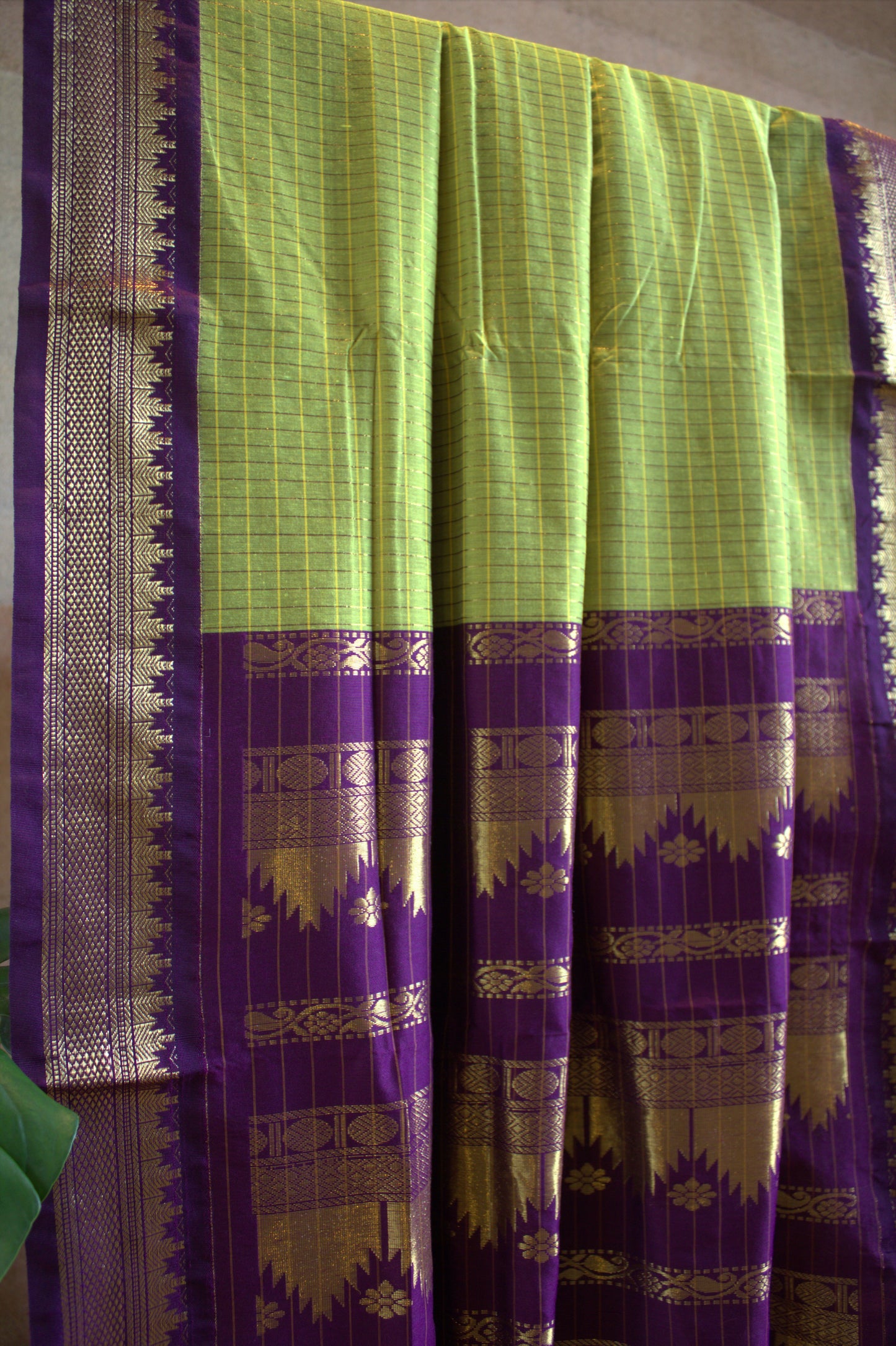 Kalyani cotton Green saree with Purple zari pallu and contrast purple blouse
