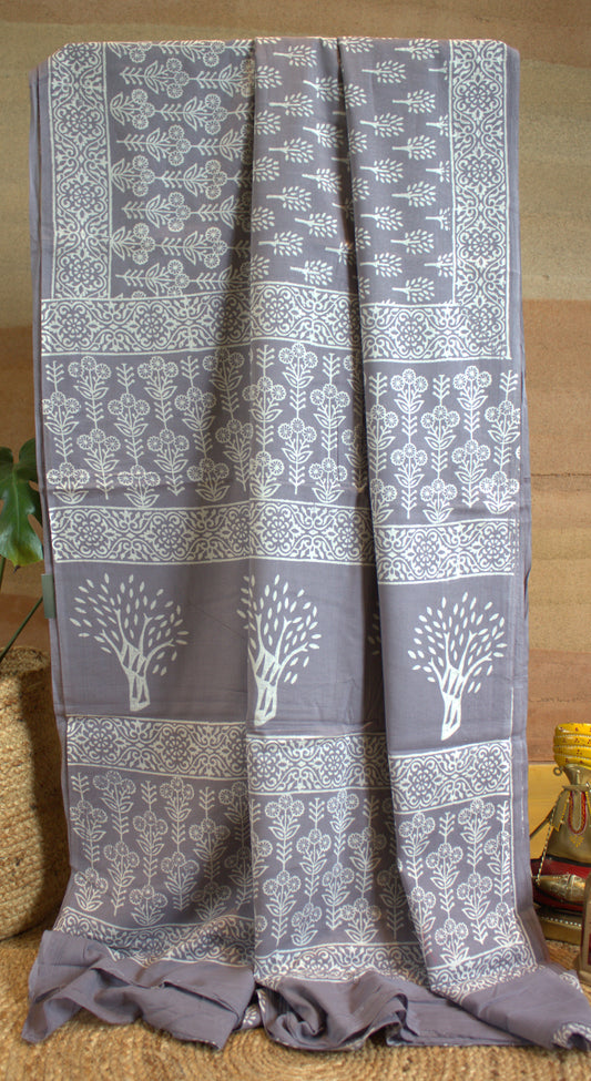 Mul cotton Grey Saree hand printed
