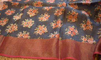 Pure Tussar silk Blue saree with Zari border