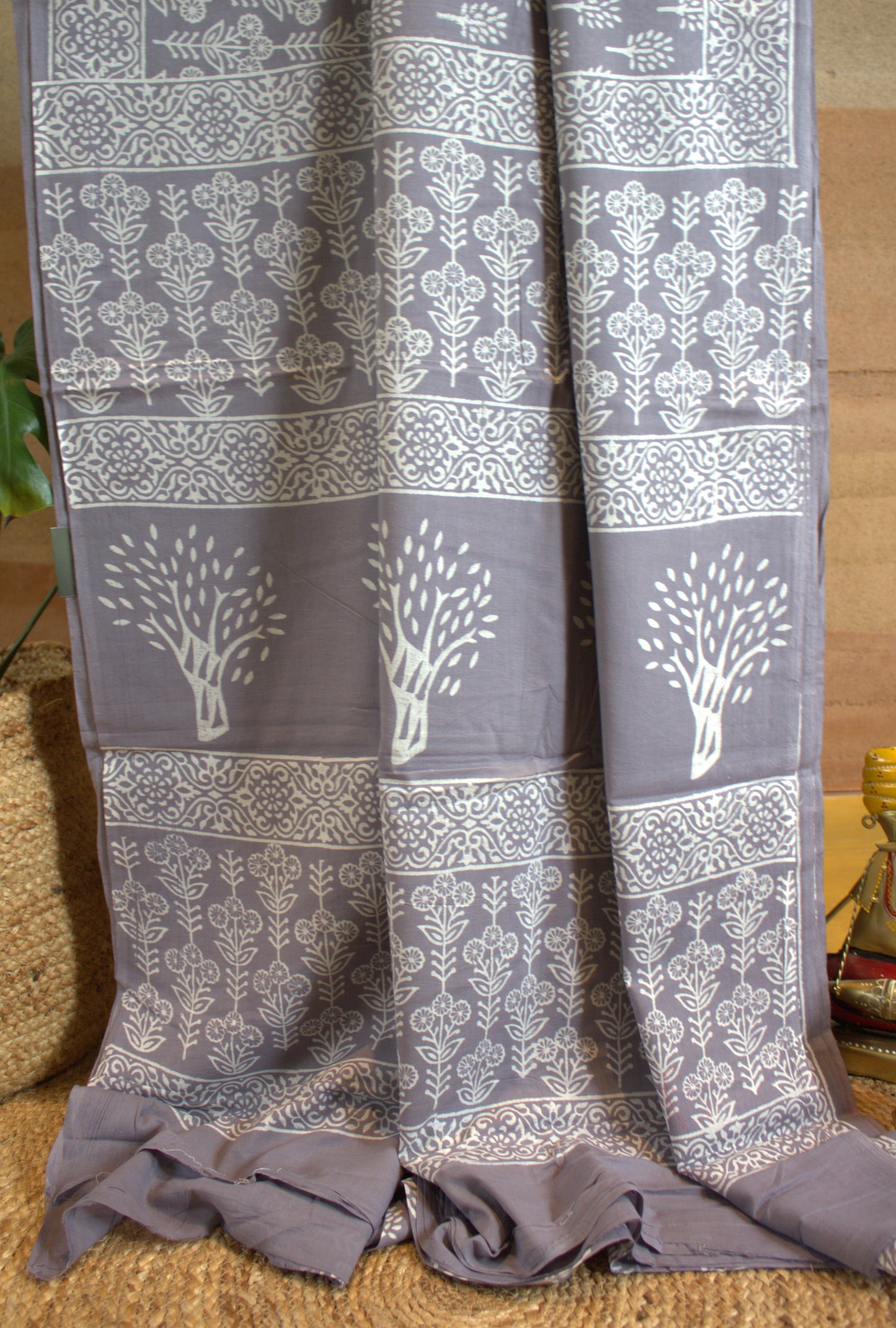 Mul cotton Grey Saree hand printed