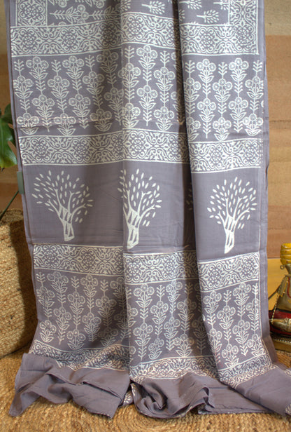 Mul cotton Grey Saree hand printed