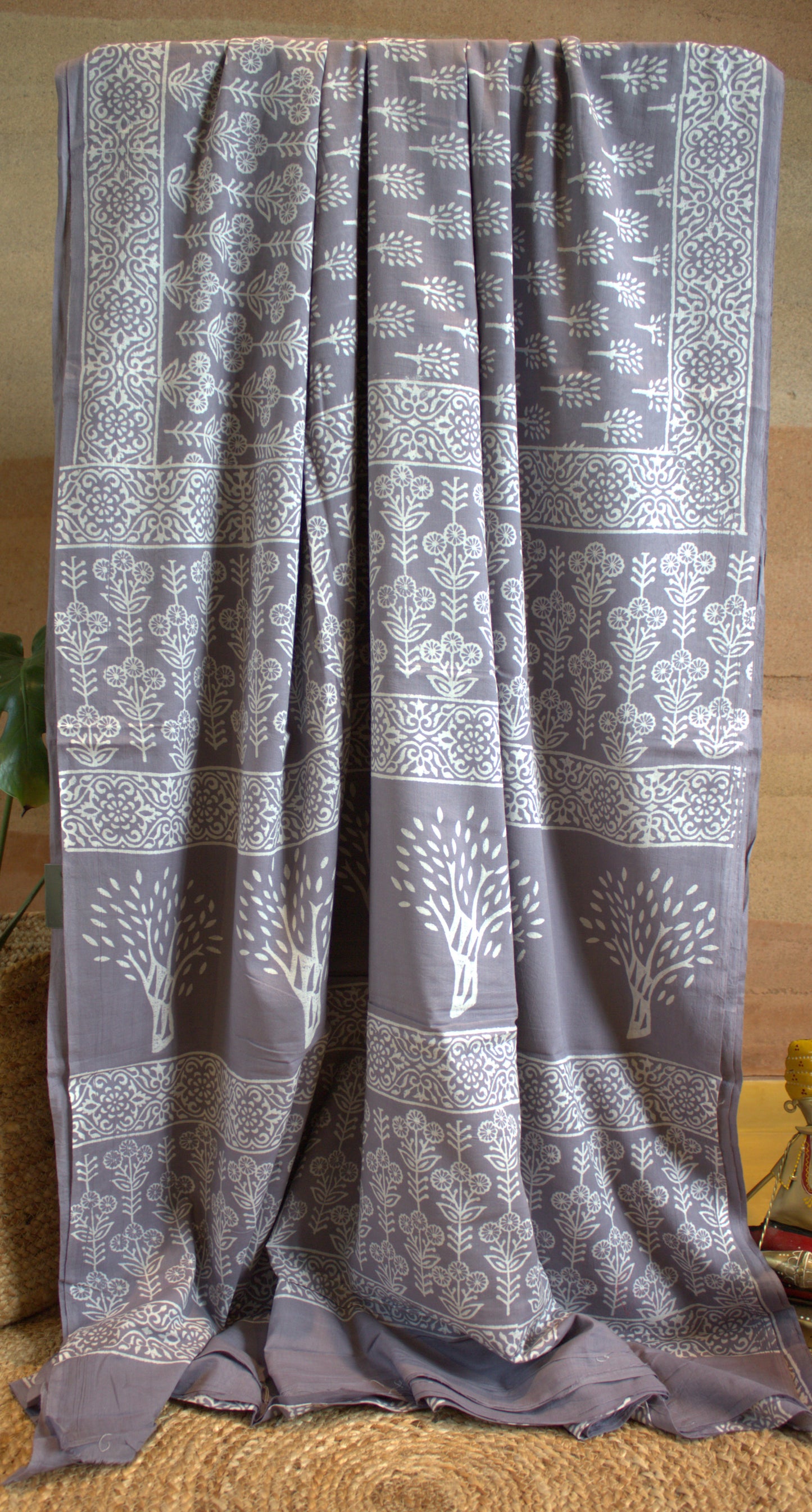 Mul cotton Grey Saree hand printed