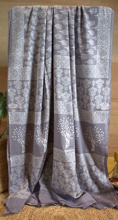 Mul cotton Grey Saree hand printed