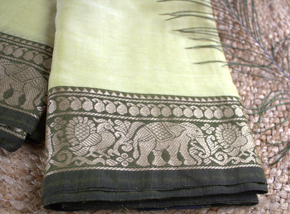Narayanpet cotton Light Yellow saree with Elephant motifs green border and running blouse