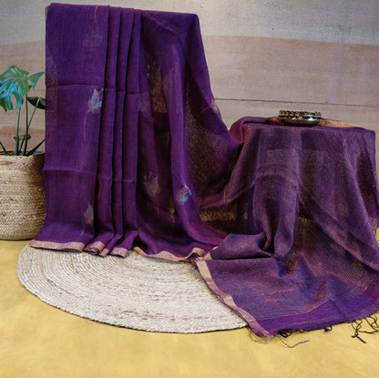 Pure Linen Purple saree with tulip weaving and running blouse