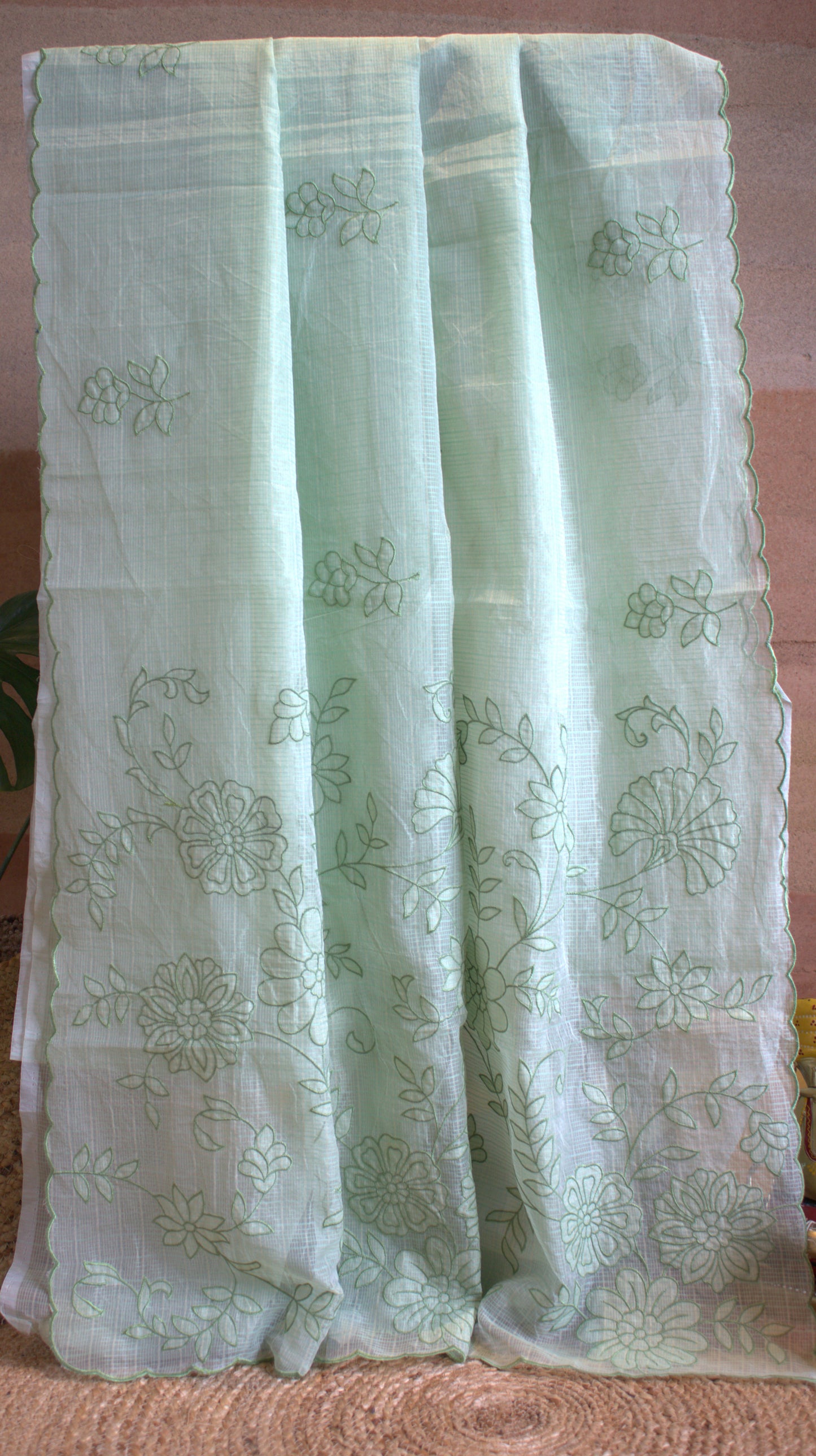 Kota Pista green Saree with overall embroidery and running blouse