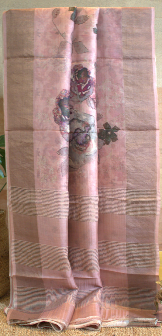 Pure Tussar silk Onion Pink saree with Zari border