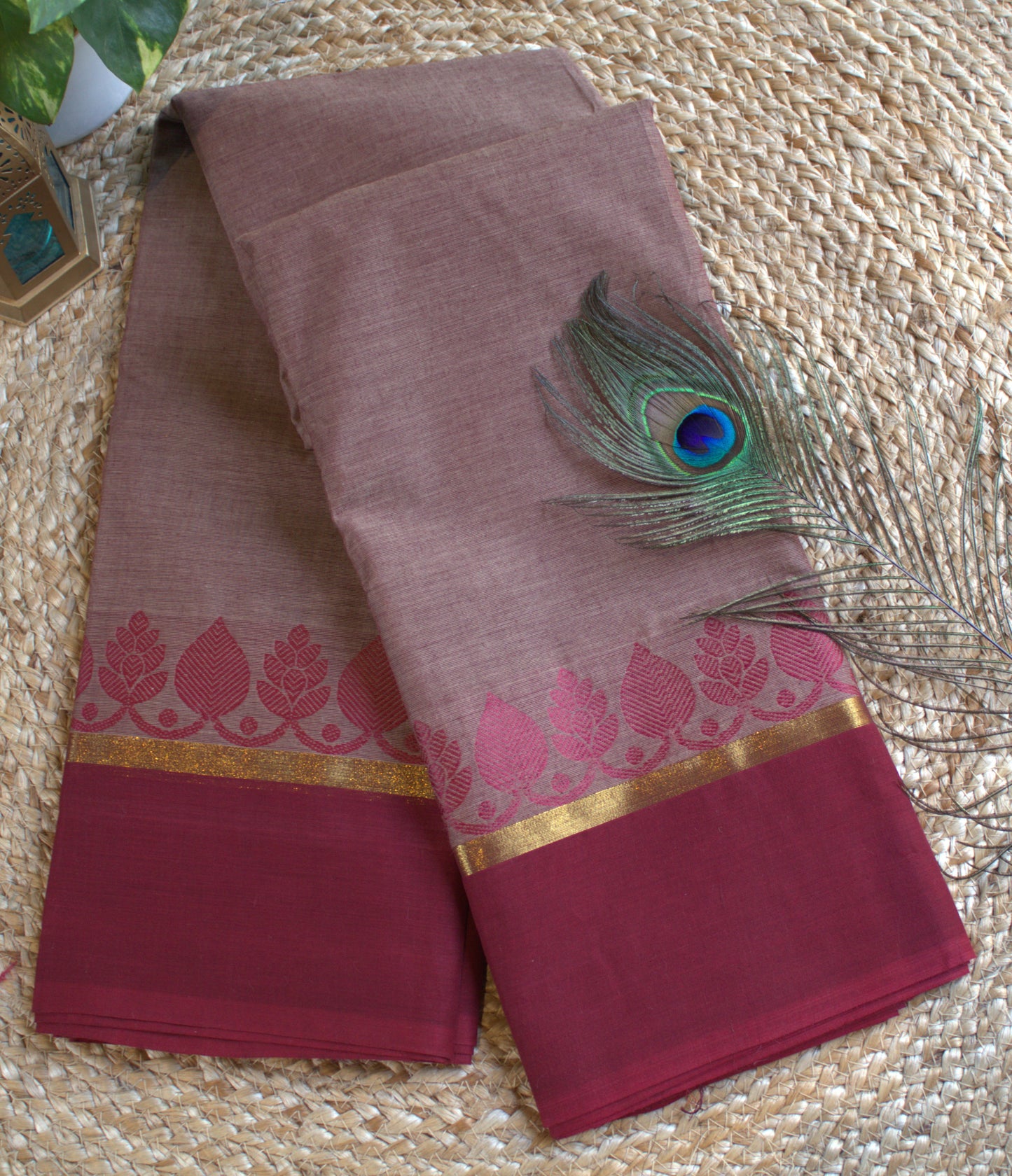 Chettinad cotton onion color saree with maroon border (without blouse)