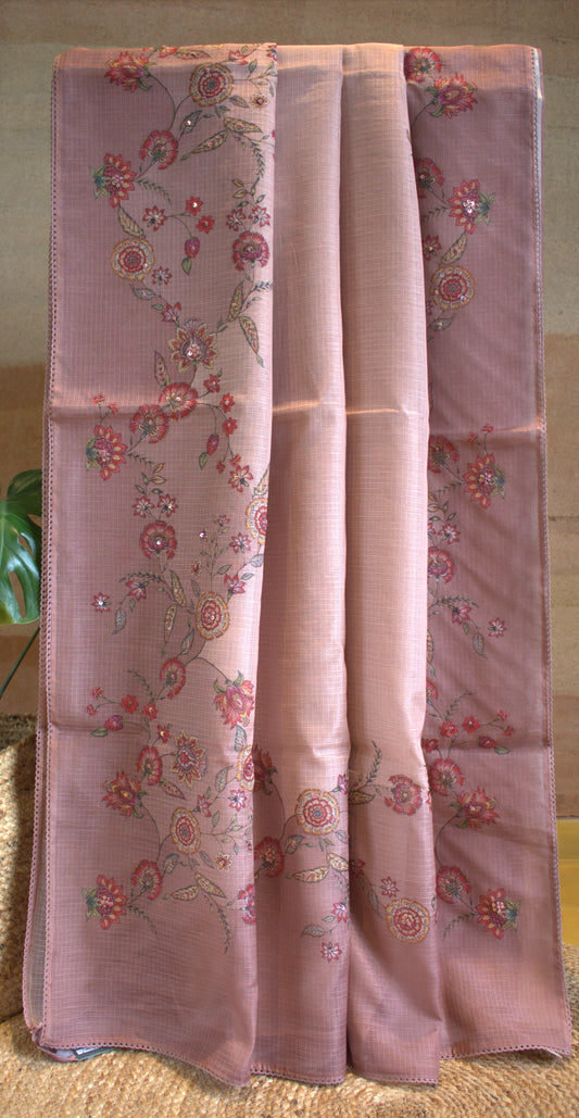 Kota Peach Saree with beautiful prints and handwork and printed blouse