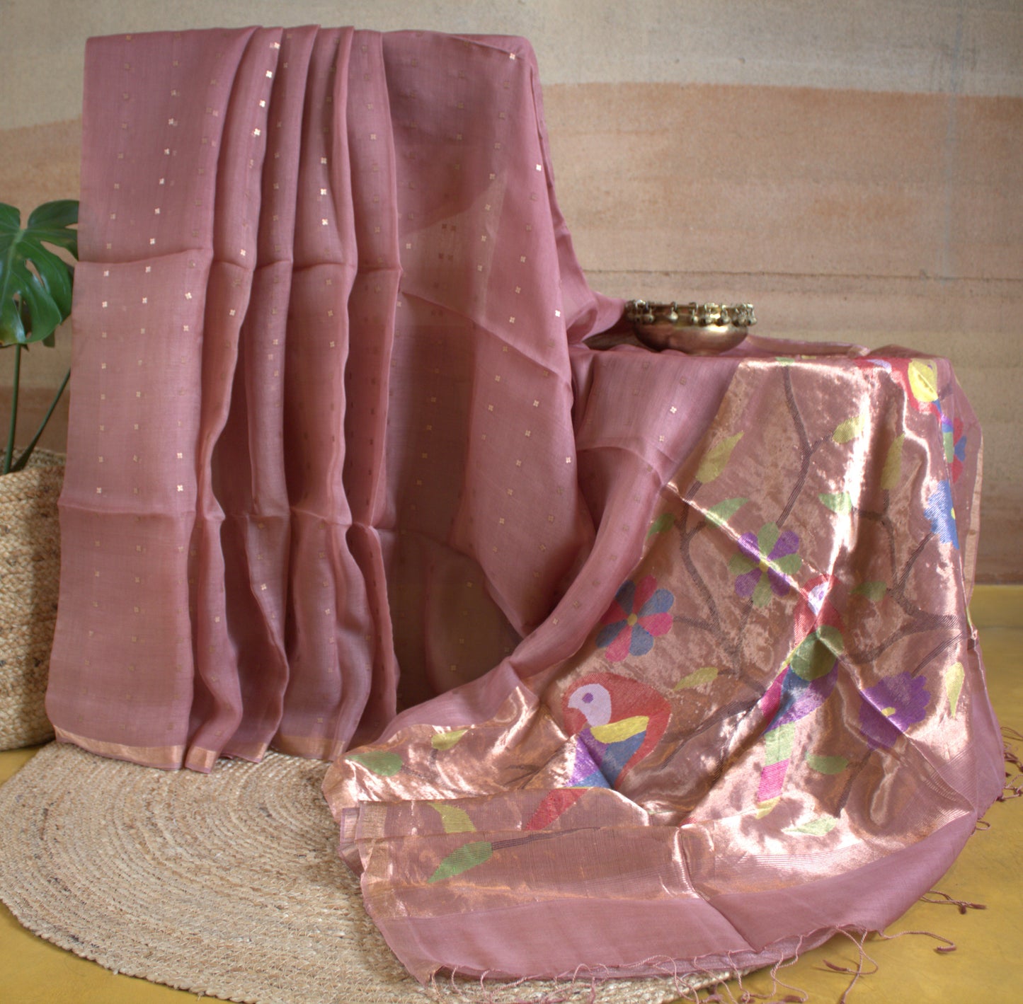 Pure Muslin silk Onion pink sequence weaving saree with Paithani weaving pallu and Matka blouse