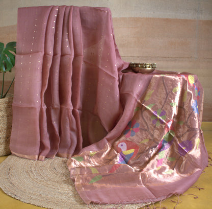 Pure Muslin silk Onion pink sequence weaving saree with Paithani weaving pallu and Matka blouse