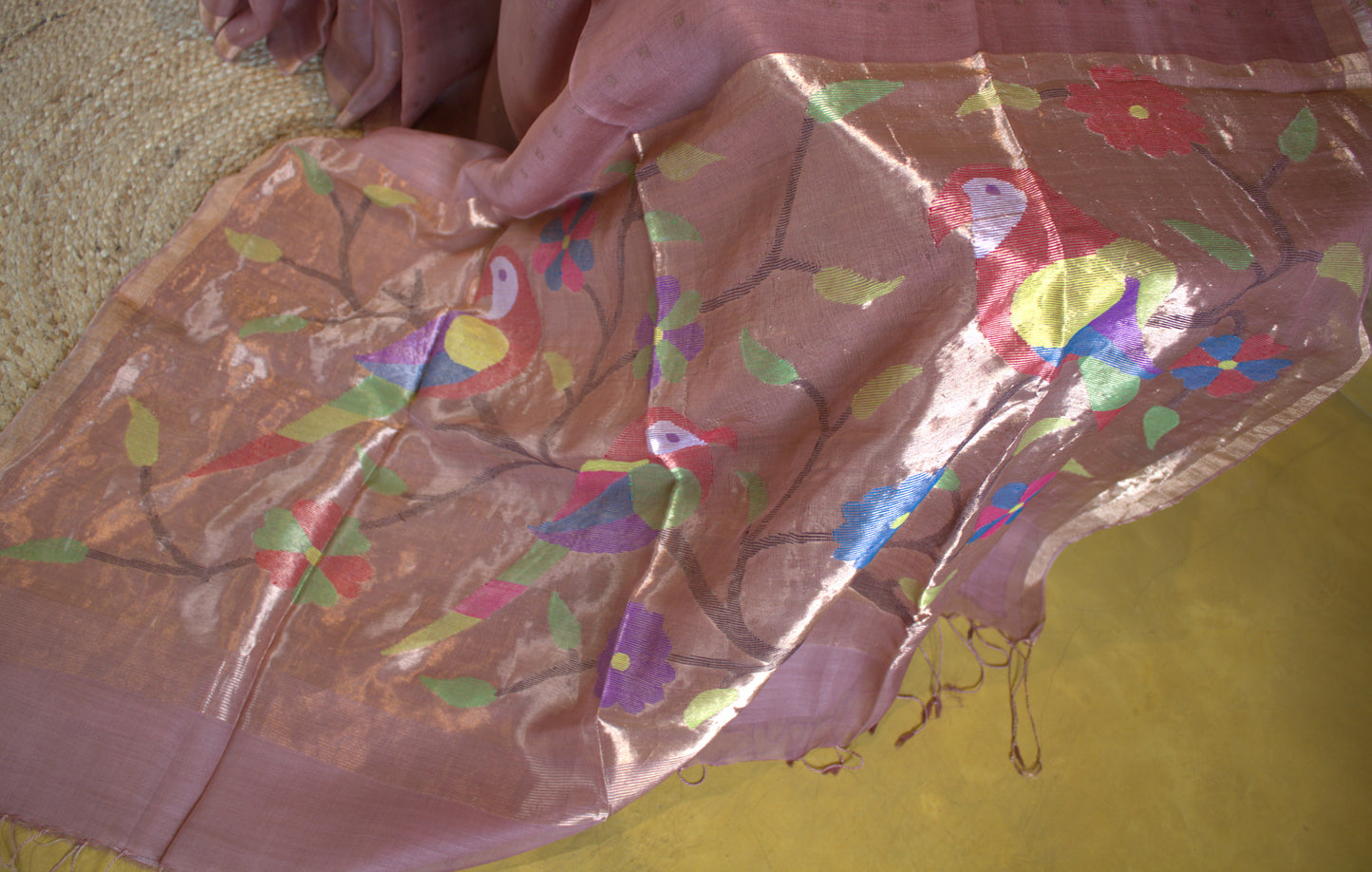 Pure Muslin silk Onion pink sequence weaving saree with Paithani weaving pallu and Matka blouse