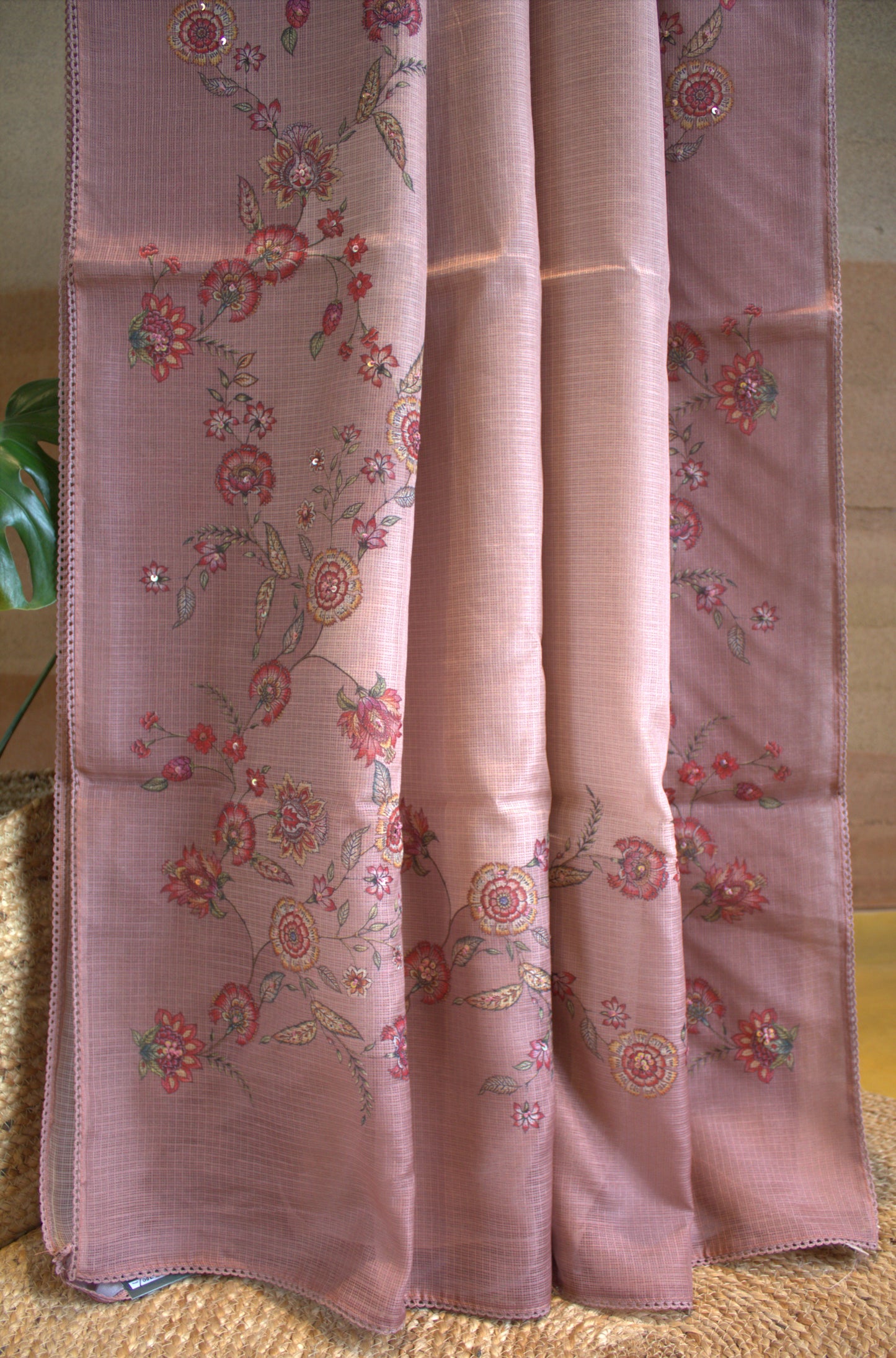 Kota Peach Saree with beautiful prints and handwork and printed blouse