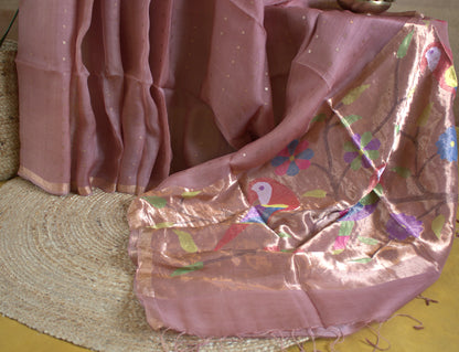 Pure Muslin silk Onion pink sequence weaving saree with Paithani weaving pallu and Matka blouse