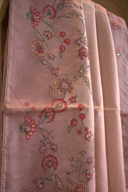Kota Peach Saree with beautiful prints and handwork and printed blouse