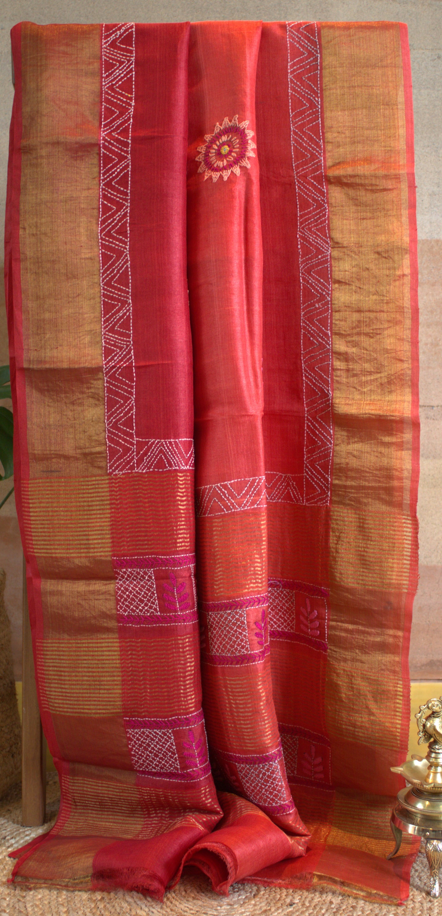 Pure Tussar Orange and Red saree with Hand embroidery
