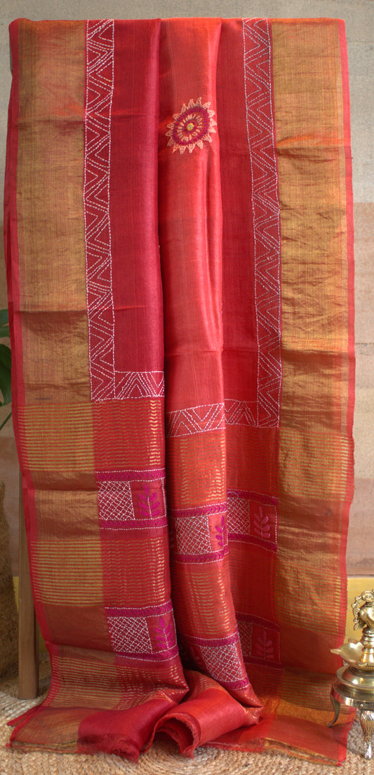 Pure Tussar Orange and Red saree with Hand embroidery