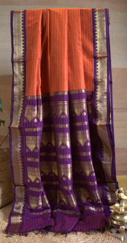 Kalyani cotton Orange saree with Purple golden Zari border and running blouse