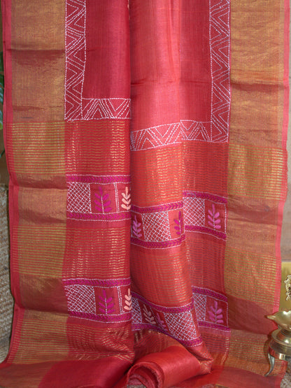 Pure Tussar Orange and Red saree with Hand embroidery