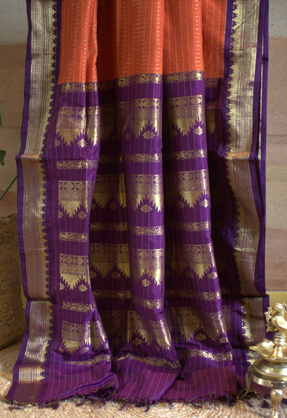 Kalyani cotton Orange saree with Purple golden Zari border and running blouse