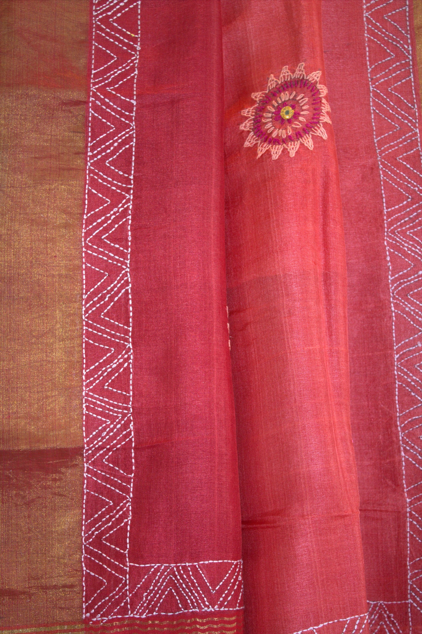 Pure Tussar Orange and Red saree with Hand embroidery
