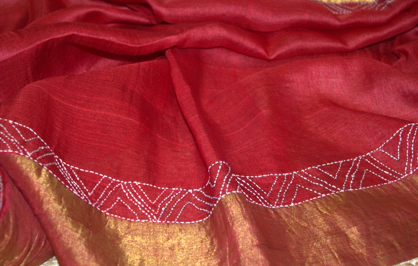 Pure Tussar Orange and Red saree with Hand embroidery