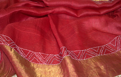 Pure Tussar Orange and Red saree with Hand embroidery