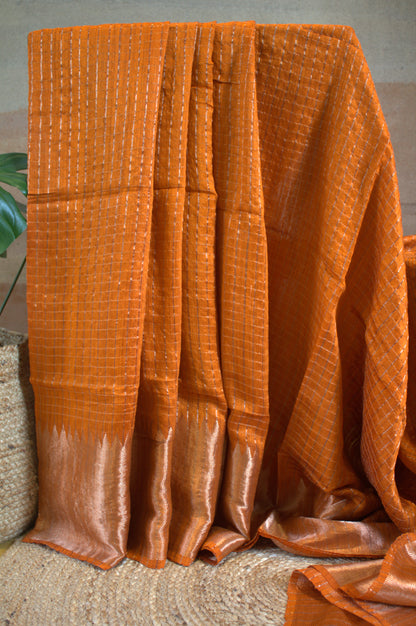 Matka Burnt orange Silk saree with checks and running blouse