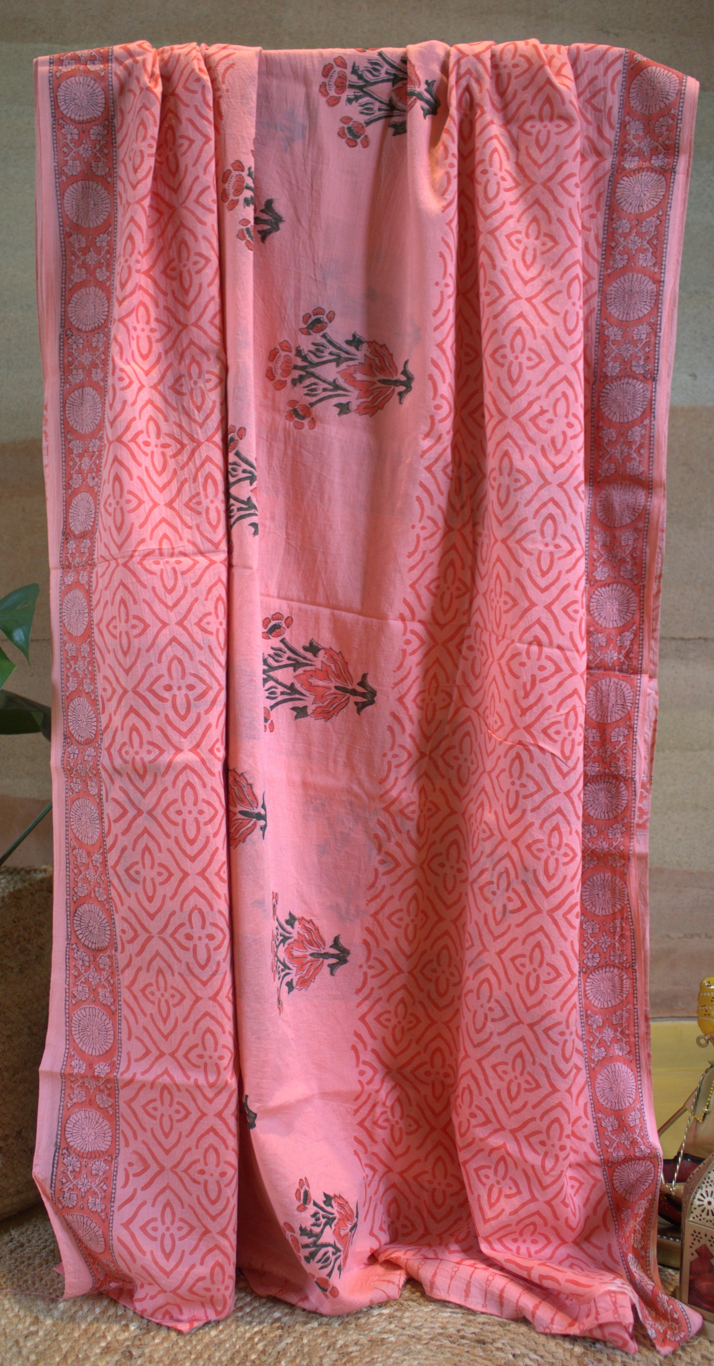 Mul cotton Peach Saree Hand printed