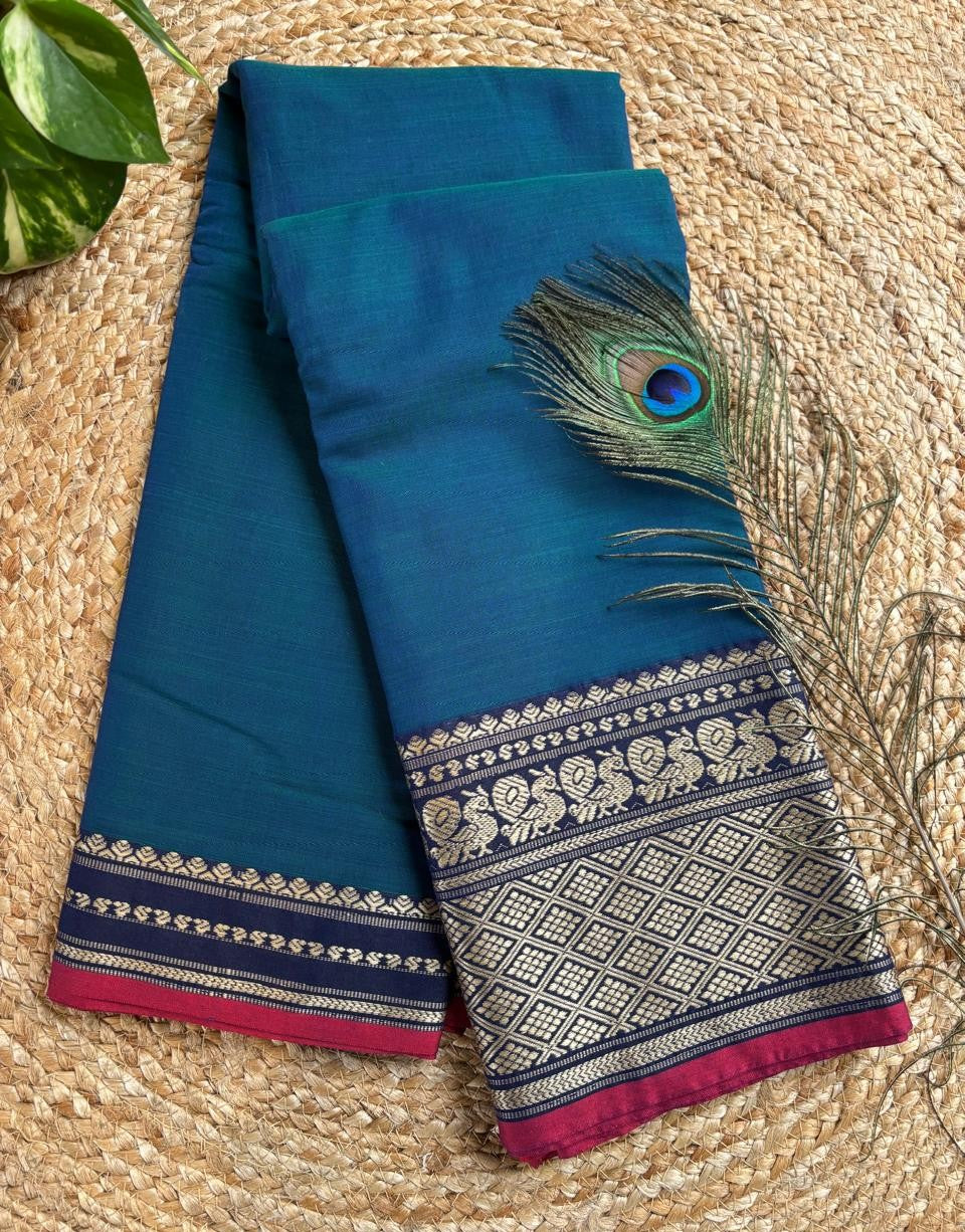 Narayanpet cotton Blue double shade saree with big border and running blouse