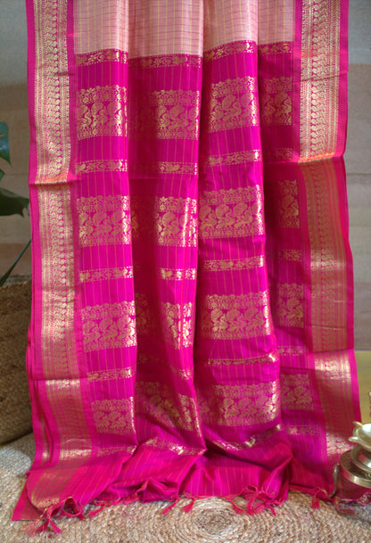 Kalyani cotton Pink saree with rani pink golden zari border and running blouse