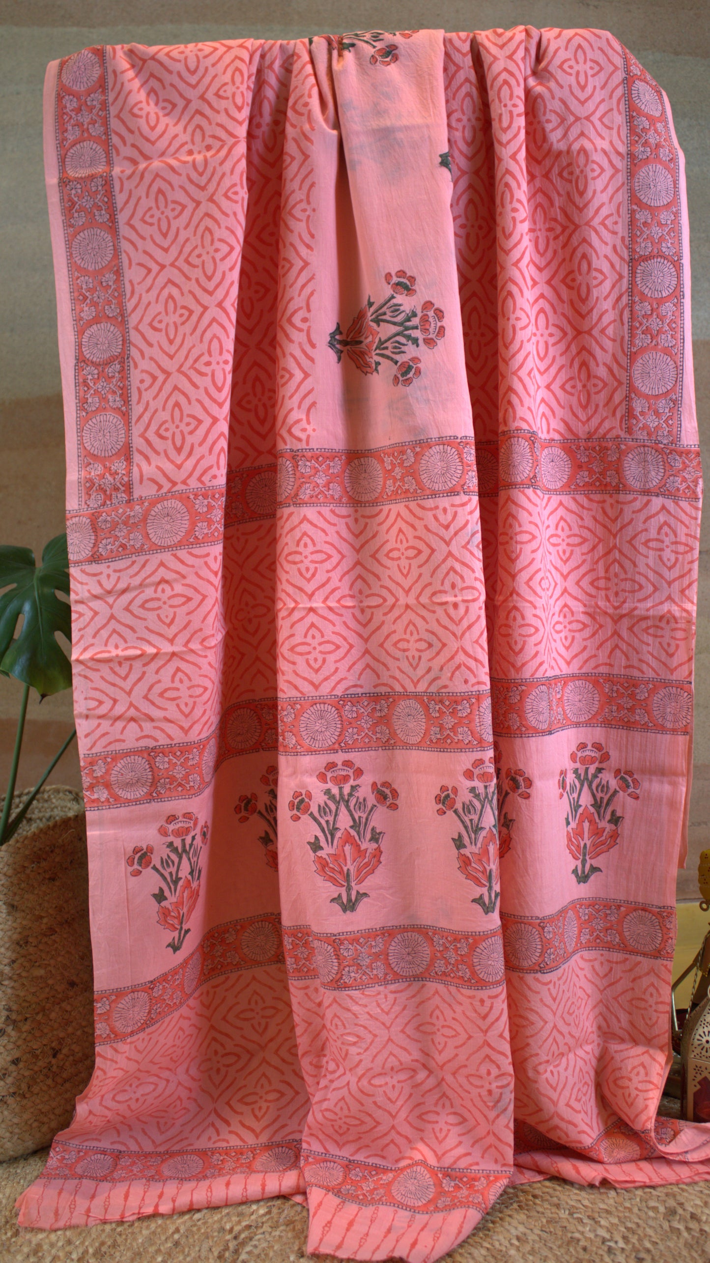 Mul cotton Peach Saree Hand printed