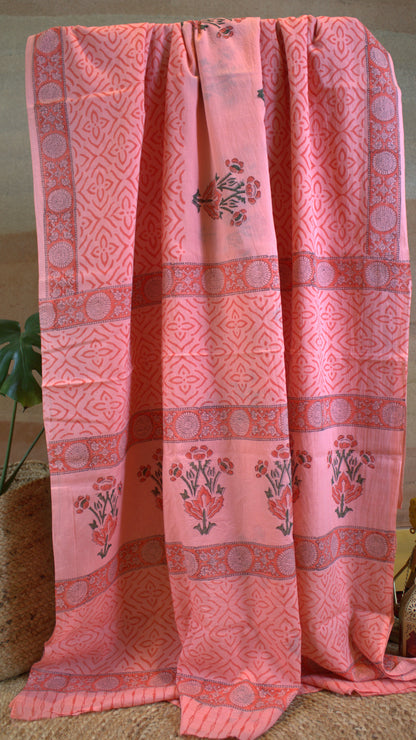 Mul cotton Peach Saree Hand printed