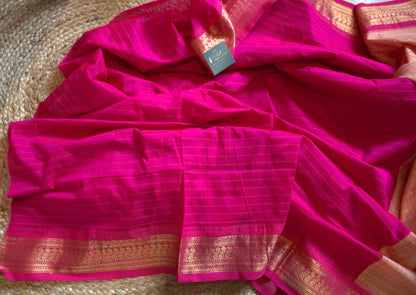 Kalyani cotton Pink saree with rani pink golden zari border and running blouse