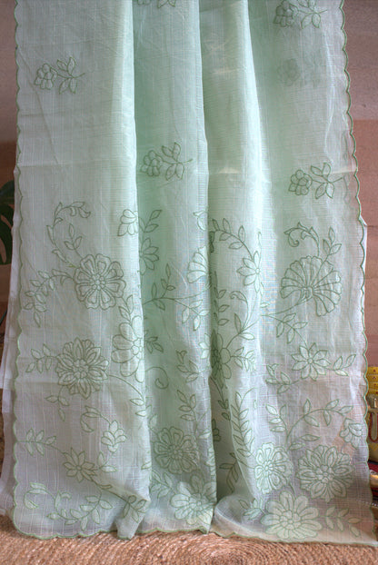 Kota Pista green Saree with overall embroidery and running blouse