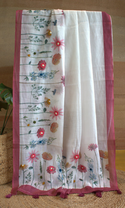 Cotton White saree with hand embroidery and contrast Pink printed blouse