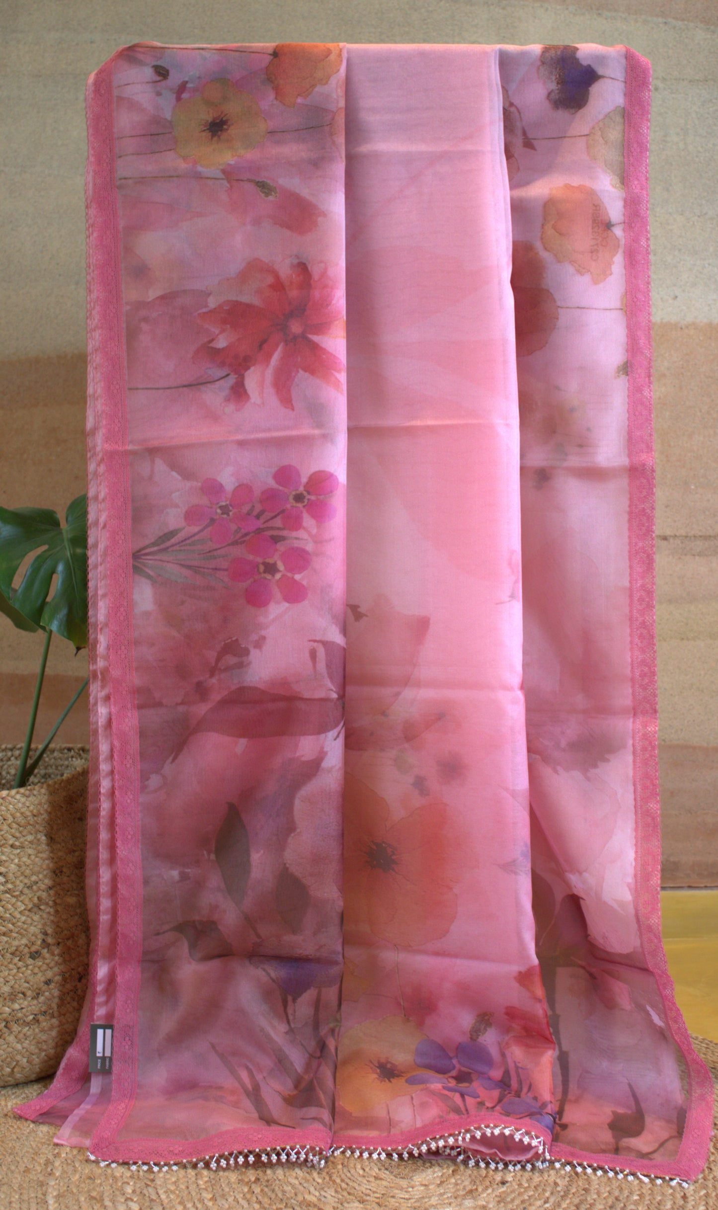 Organza Pink printed saree with lace border and printed blouse