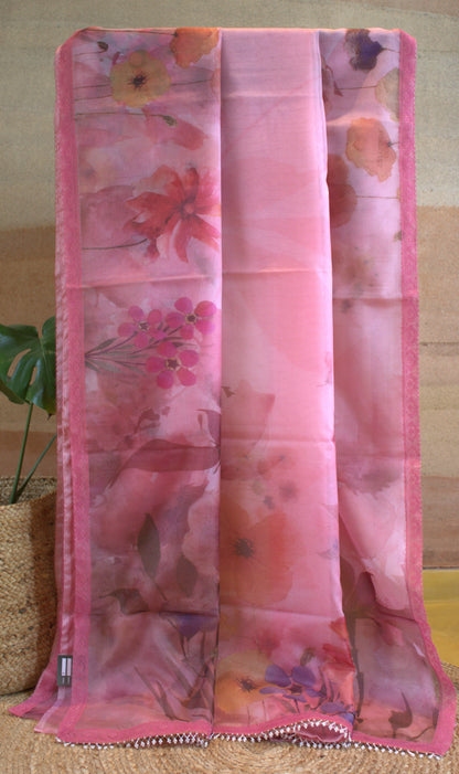 Organza Pink printed saree with lace border and printed blouse