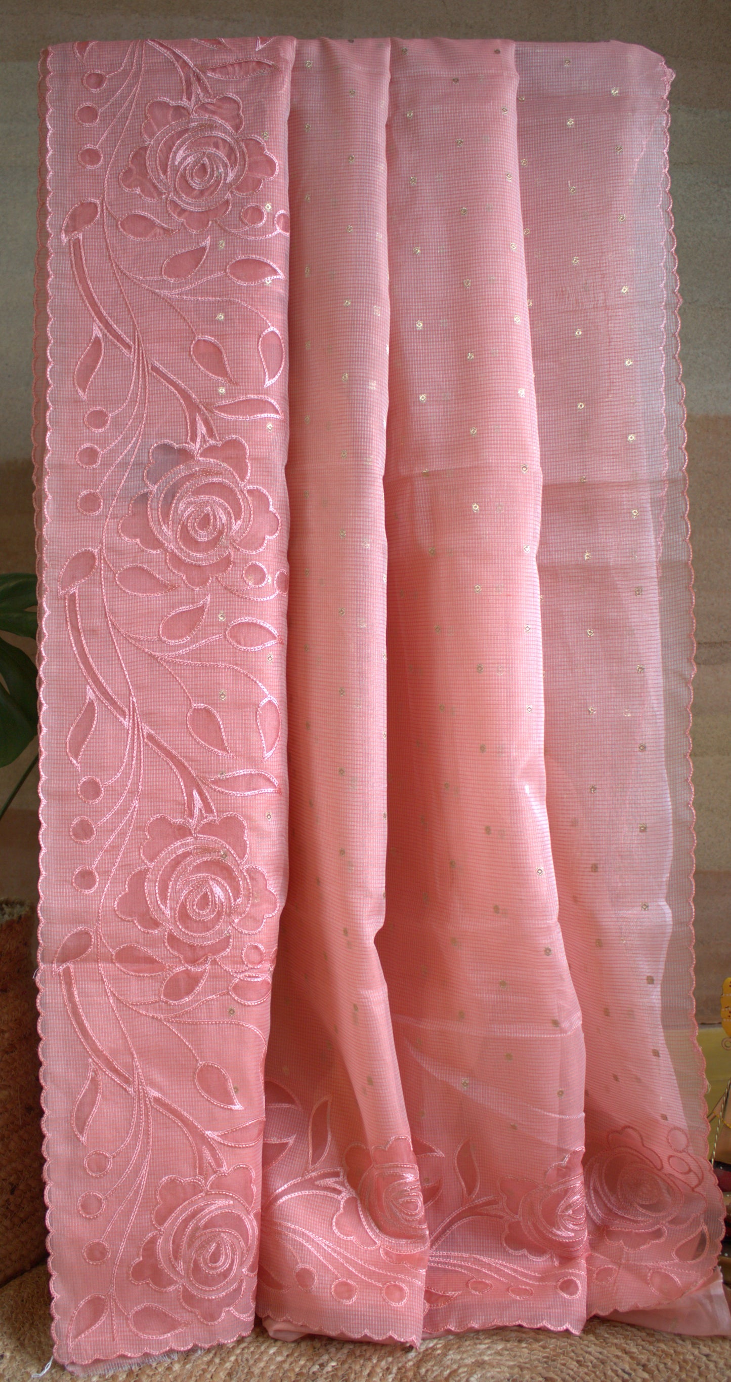 Kota Pink Saree with over all embroidery and running blouse