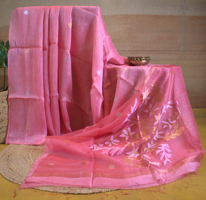 Silk Linen Pink saree with Muslin pallu and running blouse